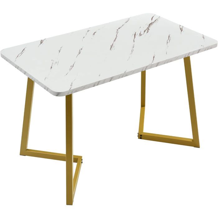 Table de Salle à Manger Moderne - Table rectangulaire - 117x68cm - Finition marbre-Table de Cuisine avec Pieds en métal-Doré/Blanc