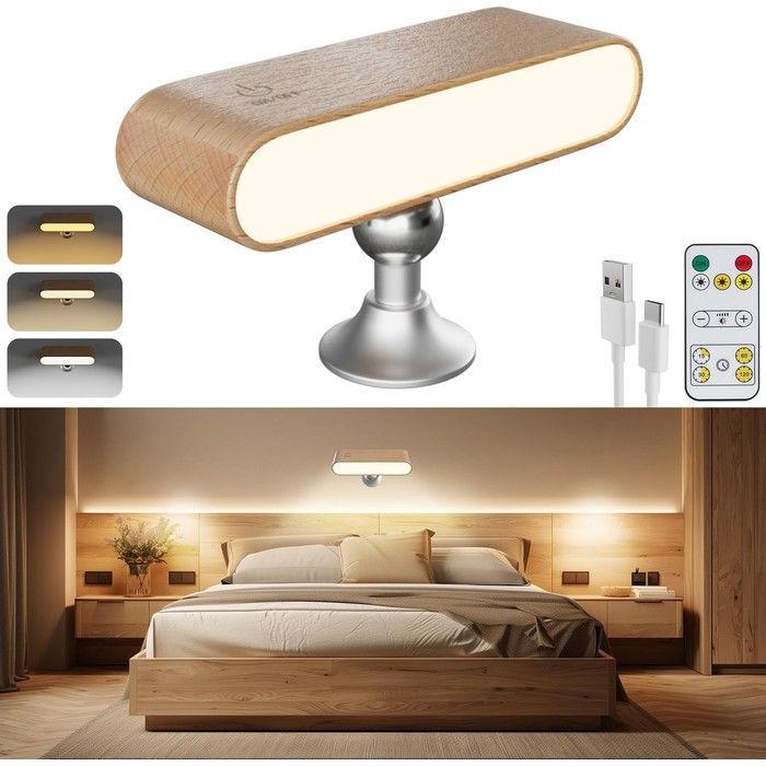 Lampe murale LED - ELECTIGHT - Rotative 360° - Bois hêtre marron - Batterie 4000 mAh - USB‑C