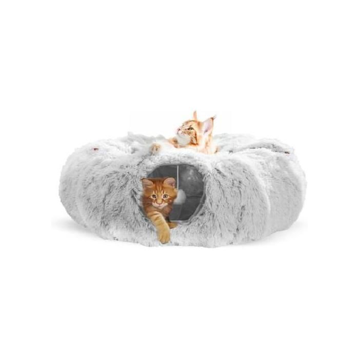 Tunnel pour chat rond avec coussin – 90 cm de long – Matériau doux et pelucheux – Pour chats et petits animaux jusquà 10 kg