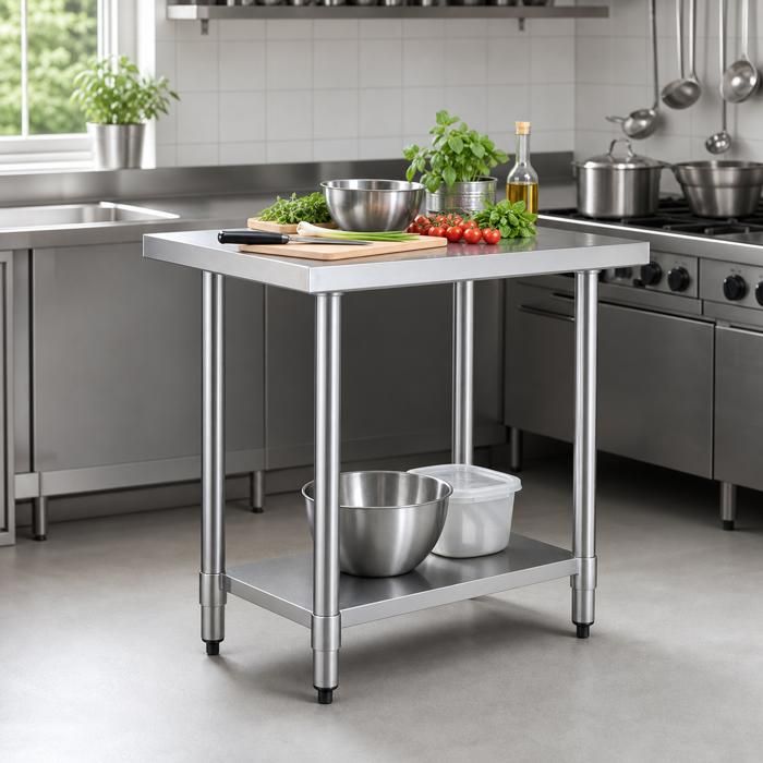 Table de travail - PAGE LIVING - Plan de travail étagère intermédiaire - Inox - 92x61x90 cm - Charge 200 kg