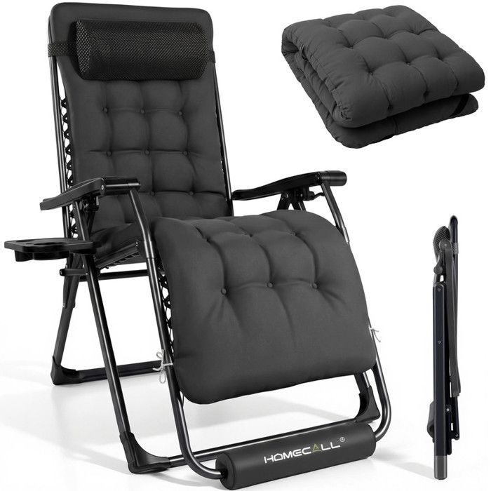 HOMECALL Transat de jardin pliable - Fauteuil « zéro gravité » - chaise longue - coussin amovible - chargé 180 kg - plage - Noir