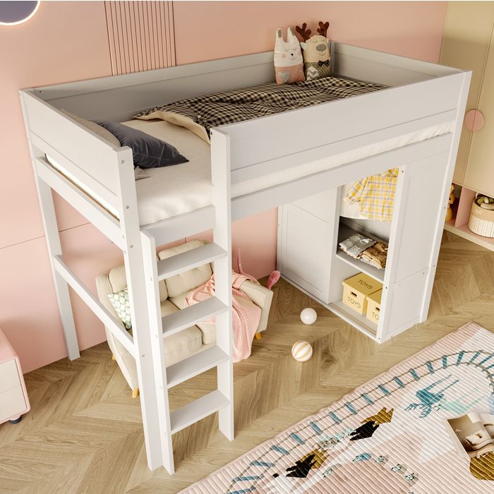 COVREO Lit mezzanine enfant 90 x 200 cm avec armoire rangement ouvert échelle pin et MDF blanc COVREO Lit mezzanine enfant 90 x 200 cm avec armoire rangement ouvert échelle pin et MDF blanc