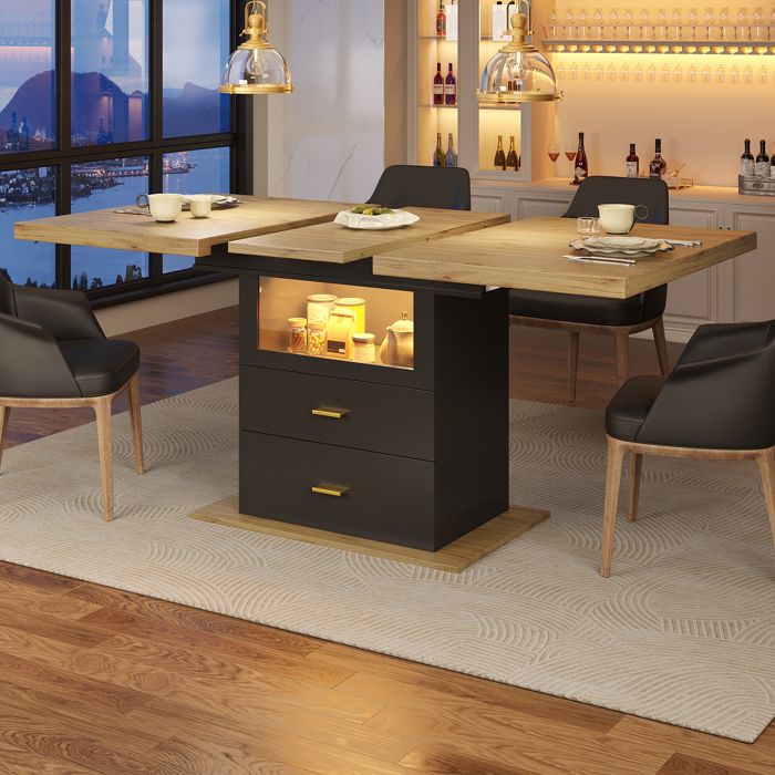 WOVREO Table à manger extensible 110-140 x 80 x 75 cm avec LED 2 tiroirs MDF et métal noir et aspect bois
