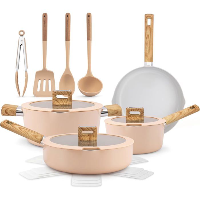 Ensemble De Cuisine Céramique 14 Pièces Induction–Batterie De Cuisine Antiadhésive Aluminium Bec Verseur Couvercles En Verre Drain Ensemble De Cuisine Céramique 14 Pièces Induction–Batterie De Cuisine Antiadhésive Aluminium Bec Verseur Couvercles En Verre Drain