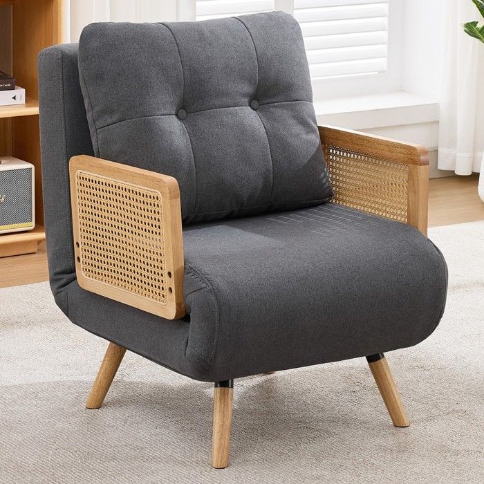 Fauteuil convertible - MINIMAL - 3-en-1 - Dossier 5 positions - Tissu lin gris - Structure bois massif Fauteuil convertible - MINIMAL - 3-en-1 - Dossier 5 positions - Tissu lin gris - Structure bois massif