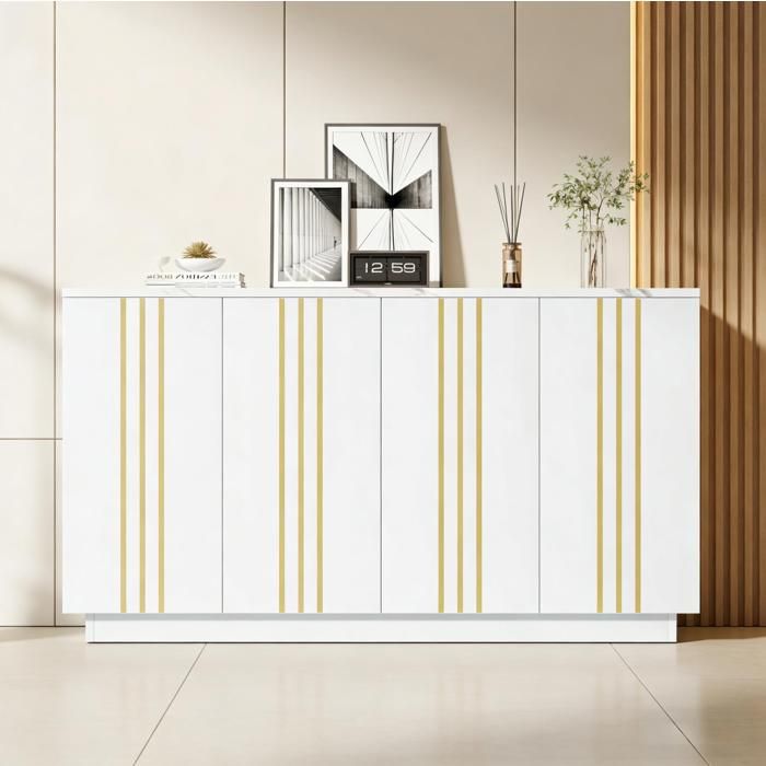 Buffet bas 4 portes avec étagère réglable et plateau aspect pierre pour salon blanc et or 140×35×70 cm - UVRION