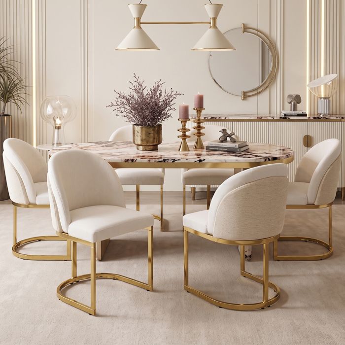 Lot de 4 Chaises de Salle à Manger Dossier Double et Assise Confortable - TCQPZ - Style Moderne - Chenille et Métal - Beige et Or