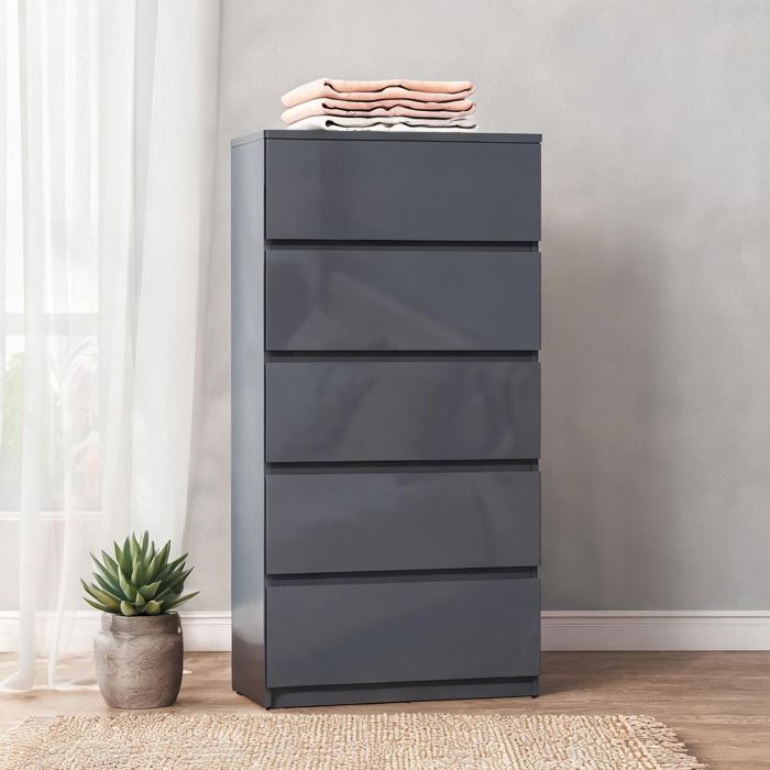 Commode haute brillance grise 5 tiroirs avec fermeture douce 53 x 34 x 100 cm panneau de particules