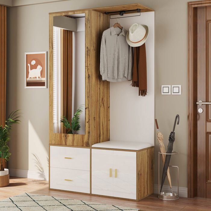 Vestiaire d’entrée VUENOR 100 x 38 x 180 cm blanc et bois avec miroir banc à chaussures