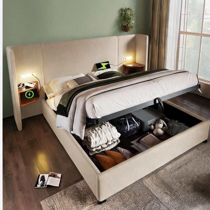 Lit double 160x200 cm en lin beige avec chevet intégré lampe USB-C et coffre hydraulique