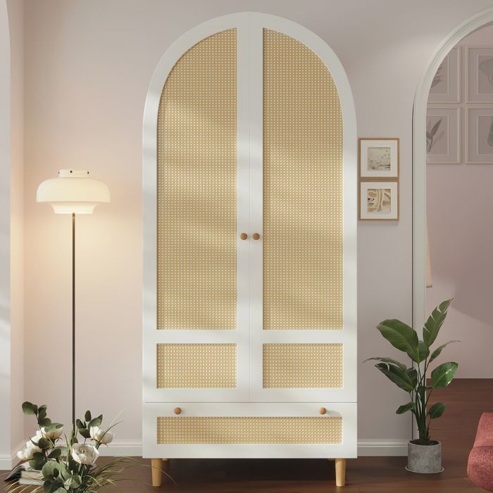 Armoire Chambre avec Tressage en Rotin Armoire Penderie avec 2 Portes et 1 Tiroirs armoire blanche avec arc Design 80x50x180 cm