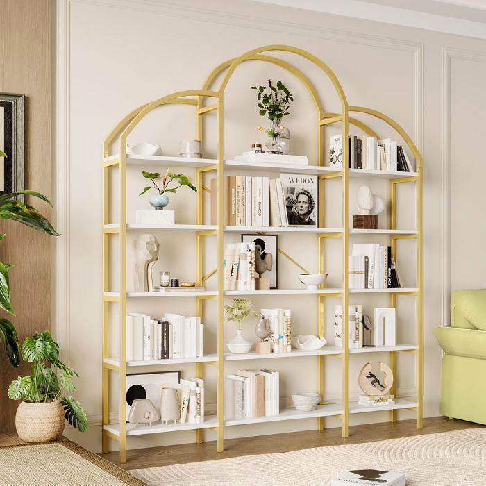Étagère bibliothèque - ZEMINPEOEL - 170x26x190 cm blanc et métal doré 5 niveaux structure nuage charge 15 kg/niveau