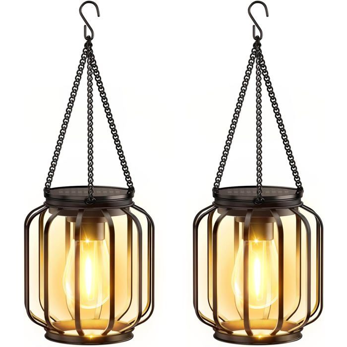 Lampe Solaire Extérieur Jardin Suspendue 2 Pièces Lanterne Solaire Ampoule LED IP65 Étanche Métal Terrasse