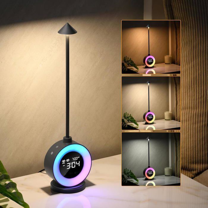 Lampe de chevet LED - Lampe de table sans fil avec double réveil horloge LED veilleuse RGB et sons apaisants pour chambre et salon