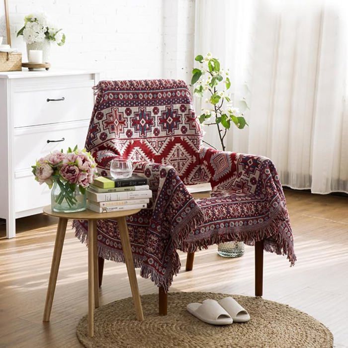 Plaid Coton Double Face 130x180cm avec Franges Jeté Canapé Bohème Motif Géométrique Rose Violet Décoration Maison COUVERTURE