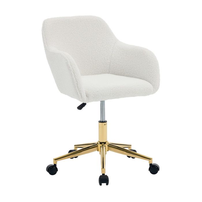Chaise de bureau pivotante hauteur réglable 360° avec roulettes accoudoirs tissu teddy base dorée blanche TYNQER