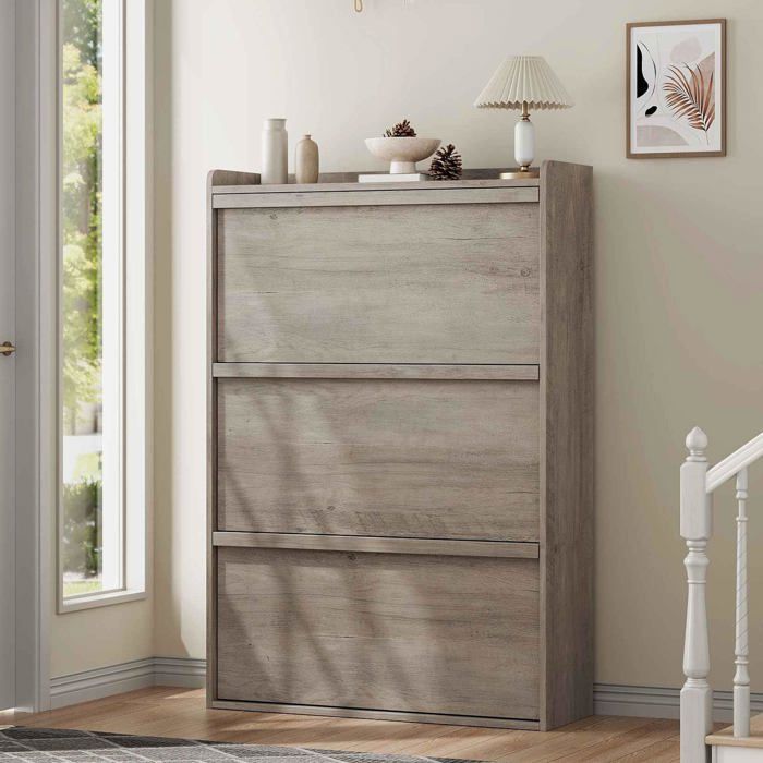 Armoire à chaussures étroite - 3 tiroirs basculants - 18-24 paires - MDF - Anti-basculement - 80 × 26 × 117 cm -Gris