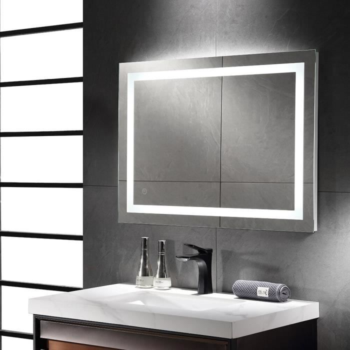 Todeco Miroir De Salle De Bain LED 80*60Cm Toucher avec Éclairage Miroir Mural LED Dimmable Blanc/Naturel /Jaune Chaud Miroir Étanchéité IP54 Et Anti-Buée Miroir avec Affichage De L'Heure 