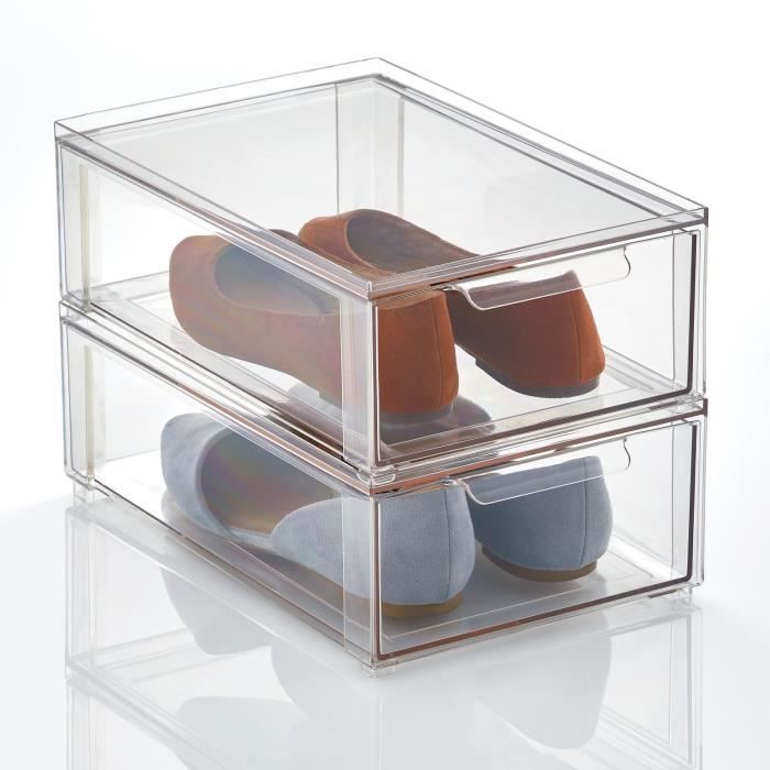 mDesign Plastique Empilable Rangement Organisateur de Placard avec Tiroir 2 Paquets Clair