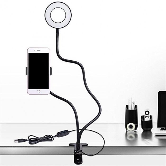 Anneau Lumineux LED 9 Cm Avec Support Téléphone - Lampe De Photo Et Selfie à Intensité Variable, 3 Couleurs