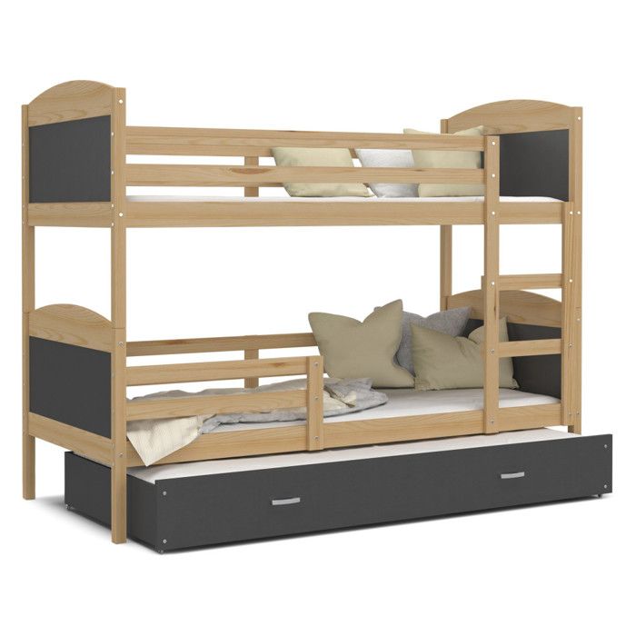 Lit Superposé 3 Places Mateo 90x190 gigogne + matelas Pin - gris Lit Superposé 3 Places Mateo 90x190 gigogne + matelas Pin - gris