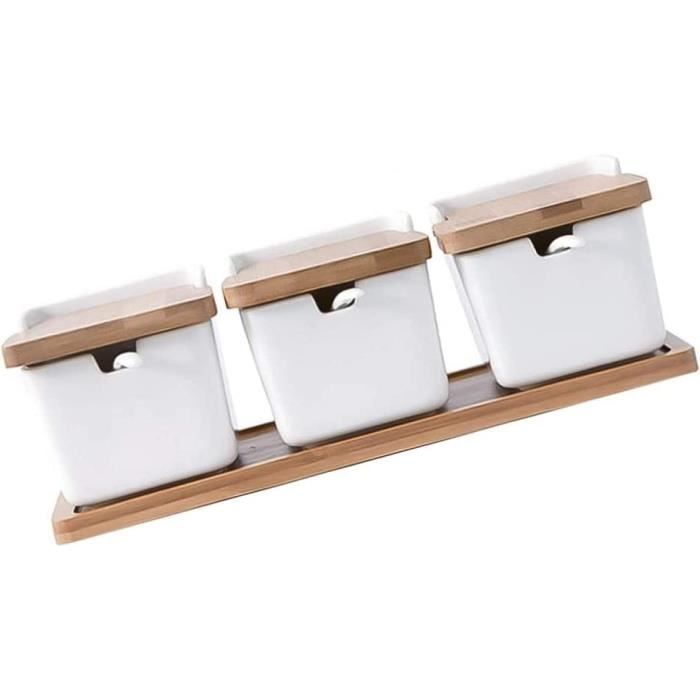 Lot De 3 Pots à Épices TELANKS En Céramique Noire Avec Couvercles Et Cuillères Bambou