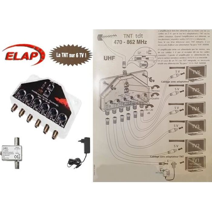 Pack amplificateur distributeur TNT RÉGLABLE 40 dB 1 entrée–6 sorties TV (ELAP) + Adaptateur d’Alimentation CATV pour antennes