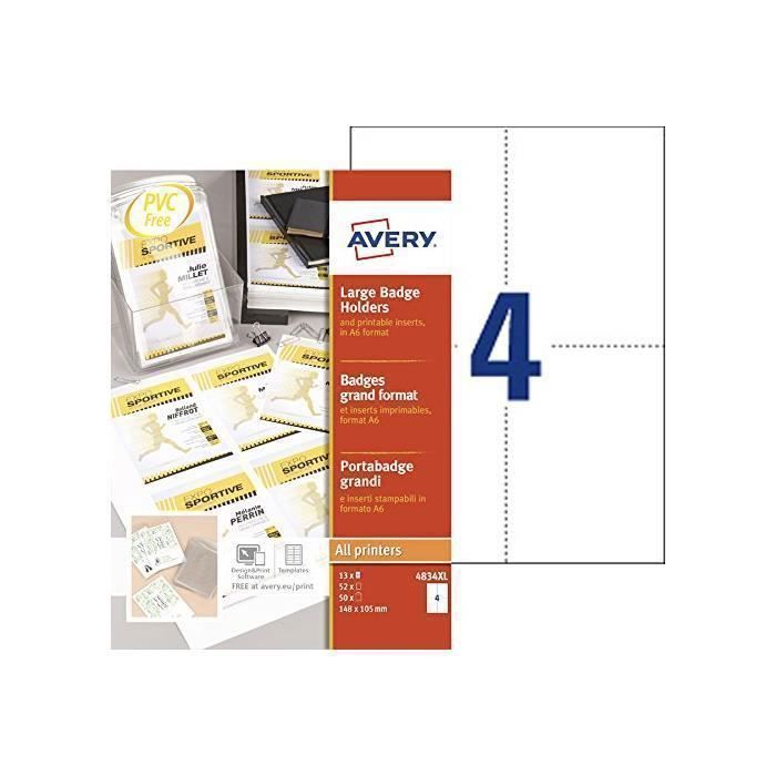 Boîte de 50 pochettes badges format A6 avec inserts AVERY Grand