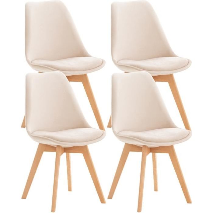 lot de 4 chaises de cuisine linares - clp - beige - bois massif - simili - velours