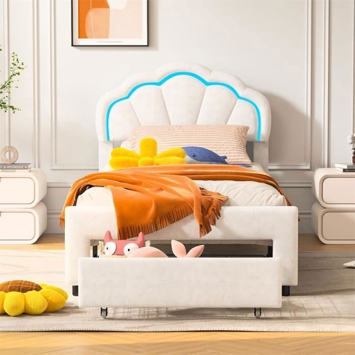 Lit enfant - Blanc - 90x200cm - Tiroir de rangement - Tête de lit LED - Sommier à lattes