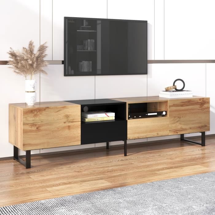 Meuble TV Salon moderne-Buffet bas 2 portes 2 tiroirs-Support TV -Espace de rangement spacieux-190x38x48cm-Noir+Bois