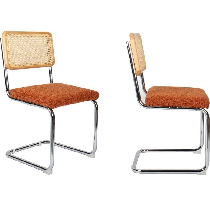 Lot de 2 chaises en cannage tissu bouclé rouille et métal chromé - Muse Lot de 2 chaises en cannage tissu bouclé rouille et métal chromé - Muse