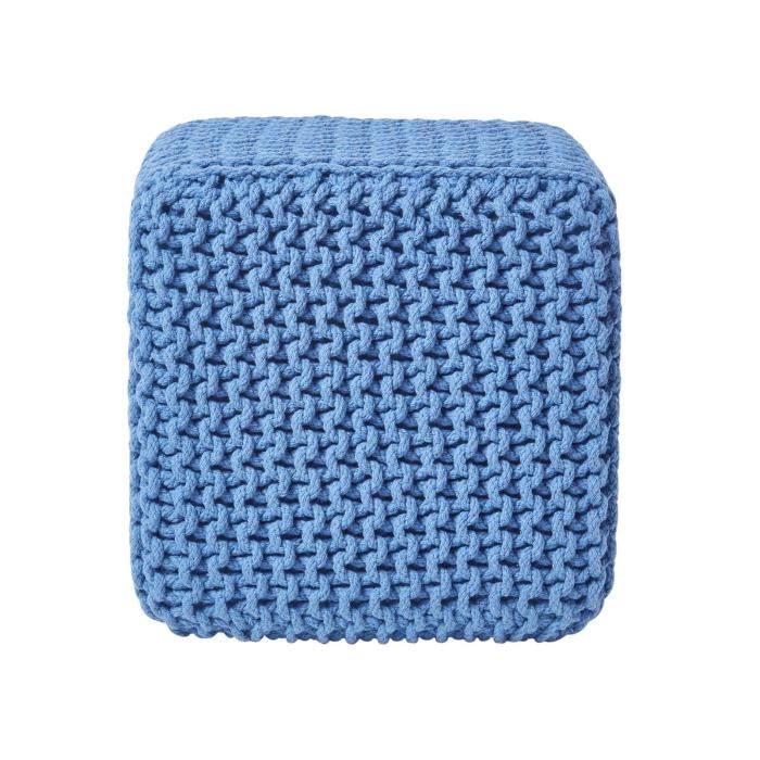 pouf repose pieds en tricot cube bleu