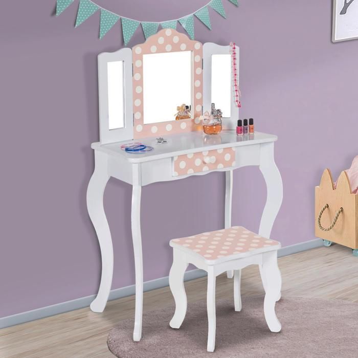 IDMARKET Coiffeuse enfant ROZA blanche et rose avec 3 miroirs et tabouret IDMARKET Coiffeuse enfant ROZA blanche et rose avec 3 miroirs et tabouret
