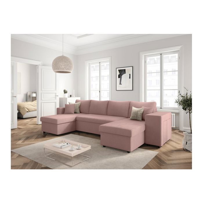 Canapé panoramique OSLO convertible avec 2 coffres 2 poufs à droite en velours côtelé rose - L311 x P146 x H81cm - LOUNGITUDE