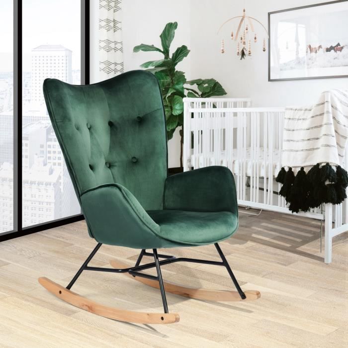 meubles cosy fauteuil à bascule,rocking chair,revêtement velours vert,pieds en bois de chêne,pour salon,chambre,balcon,68x87x98cm