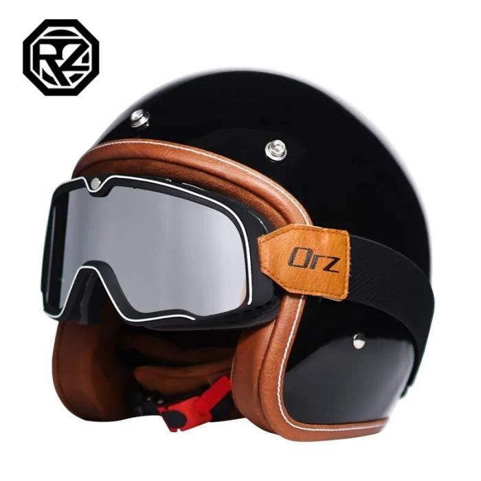 Casque Moto Jet Vintage En Cuir VVPEC - Demi-casque Open Face Avec Lunettes, Homologué ECEDOT, Taille M (57-58 Cm)