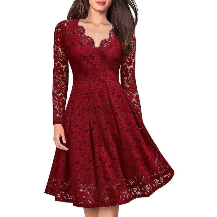 AmzBarley Femmes Vintage Floral Dentelle Col en V Cocktail Robe De Soirée Midi Swing Robe Rouge Taille Petit