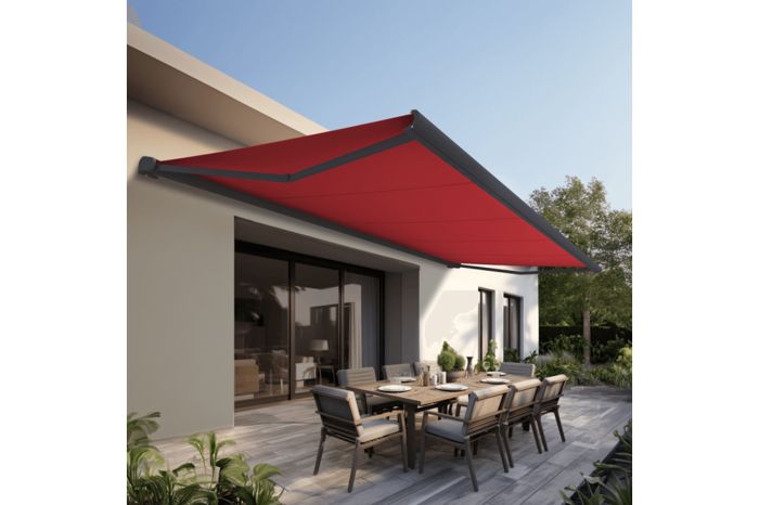 Store banne Coffre PROTECT 2 LED Gris 6x3.5m Motoris&eacute; + LED - Toile Rouge