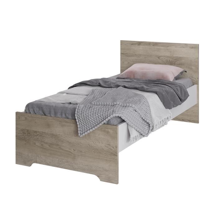 Lit enfant simple en mélamine coloris blanc/chêne - Longueur 99 2 x Profondeur 206 3 x Hauteur 90 cm Lit enfant simple en mélamine coloris blanc/chêne - Longueur 99 2 x Profondeur 206 3 x Hauteur 90 cm