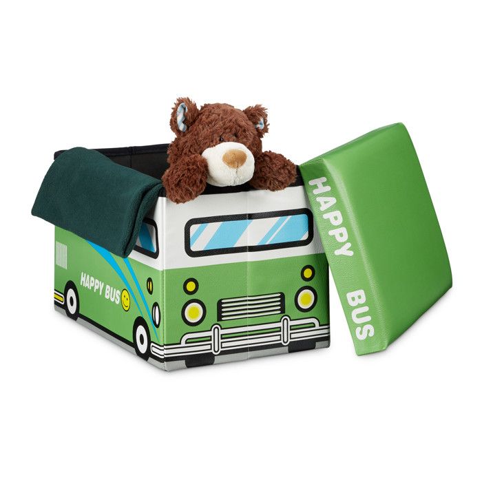 Relaxdays Coffre à jouets Happy Bus 32x48x32 cm tabouret en simili cuir rangement couvercle amovible vert