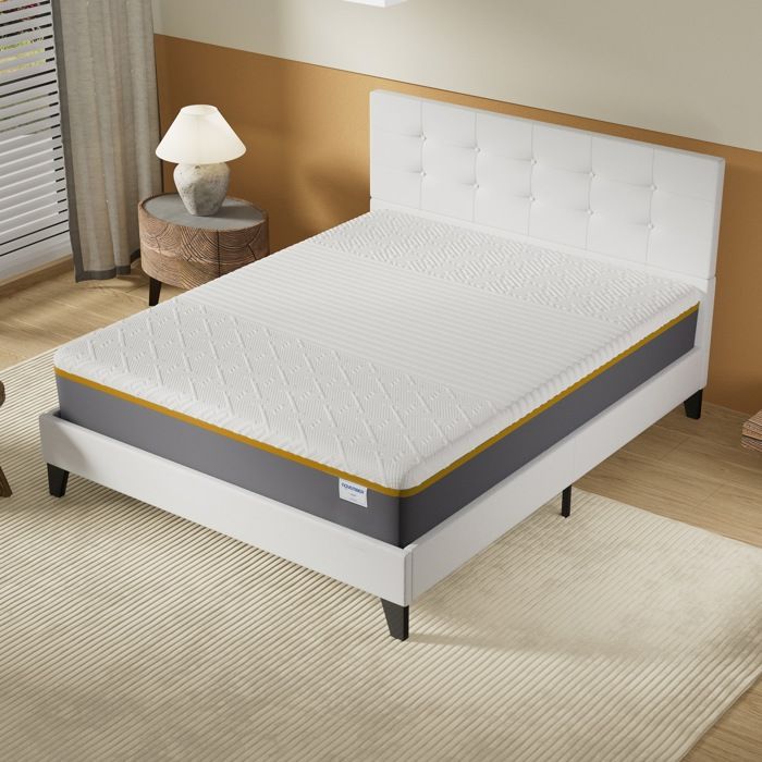Ensemble MATELAS + LIT (140x190cm)-YPSILON (FERME) 28cm Latex Naturel & Mémoire de Forme+Sommier & tête de lit revêtement Blanc