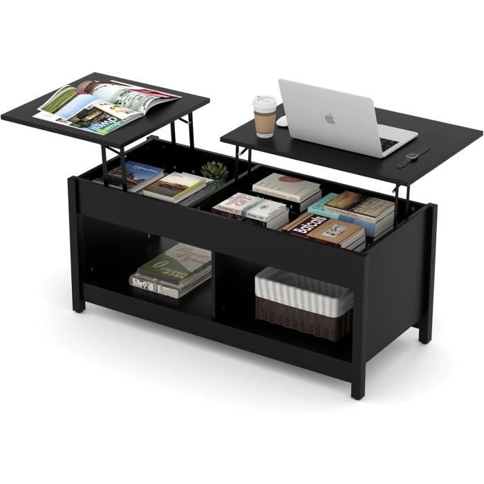 Table Basse DREAMADE Plateau Relevable - Rangement Caché - Bois Marron Clair - Pour Salon Et Bureau - Moderne