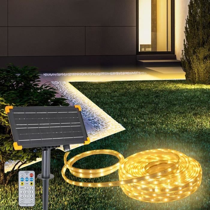 Bande Lumineuse LED Solaire 12 M - 336 LED, 8 Modes, Télécommande - Étanche, Pour Terrasse, Jardin, Balcon - Blanc Chaud
