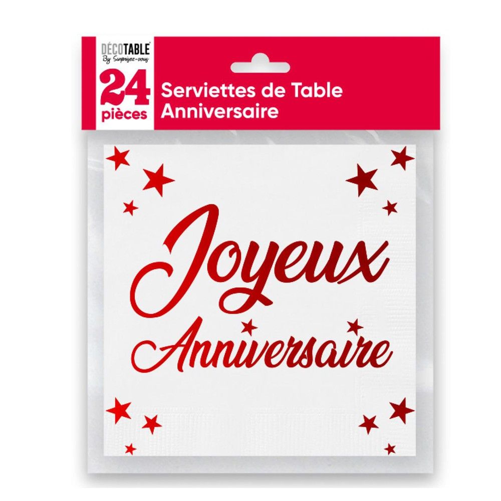 Serviette de table Joyeux Anniversaire blanche et rouge métallisée (x24)  REF/STAM00R - Cdiscount Maison