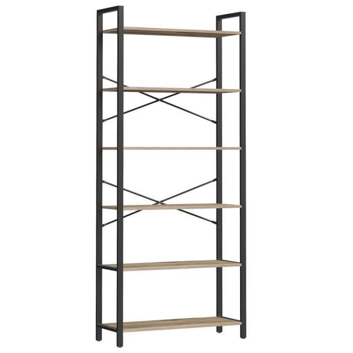 Bibliothèque 6 Niveaux en Acier pour Salon Chambre Bureau 30 x 80 x 186 cm Style Industriel Marron Chameau et Noir dEncre