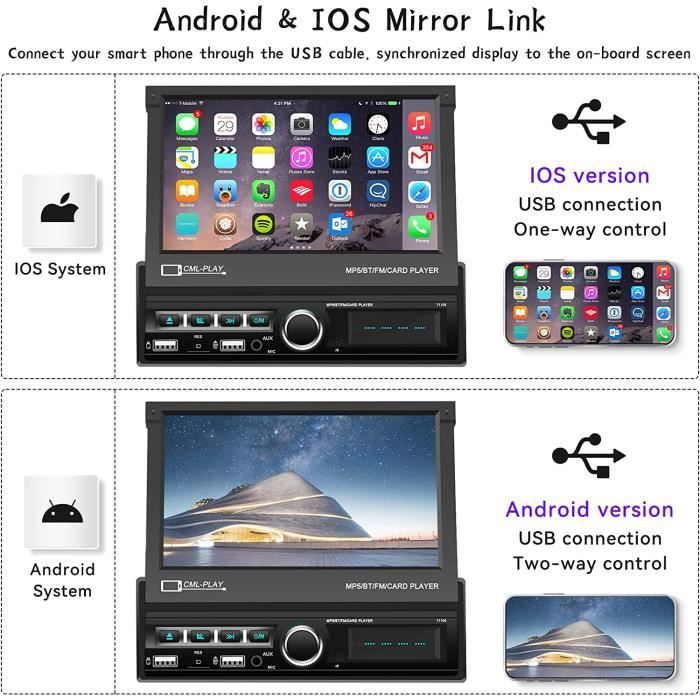 Autoradio 1 Din Bluetooth, 7 Pouces Auto Retractable HD Écran Tactile Poste  Radio Voiture Radio FM SD/USB/AUX Lien Miroir pour Android/Téléphone  iOS+Caméra de recul+SWC … : : High-Tech