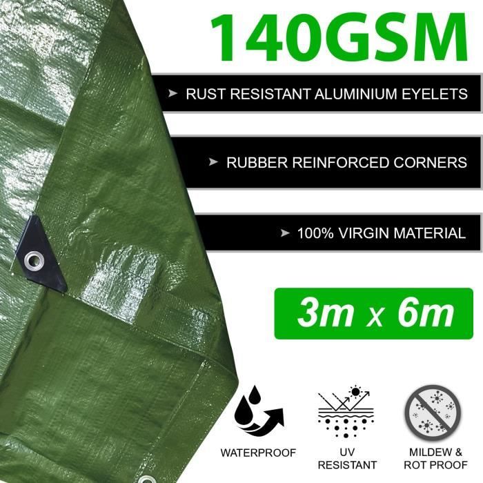 Bâche de protection verte ultra résistante - 200 g/m² - 2 x 3 mètres