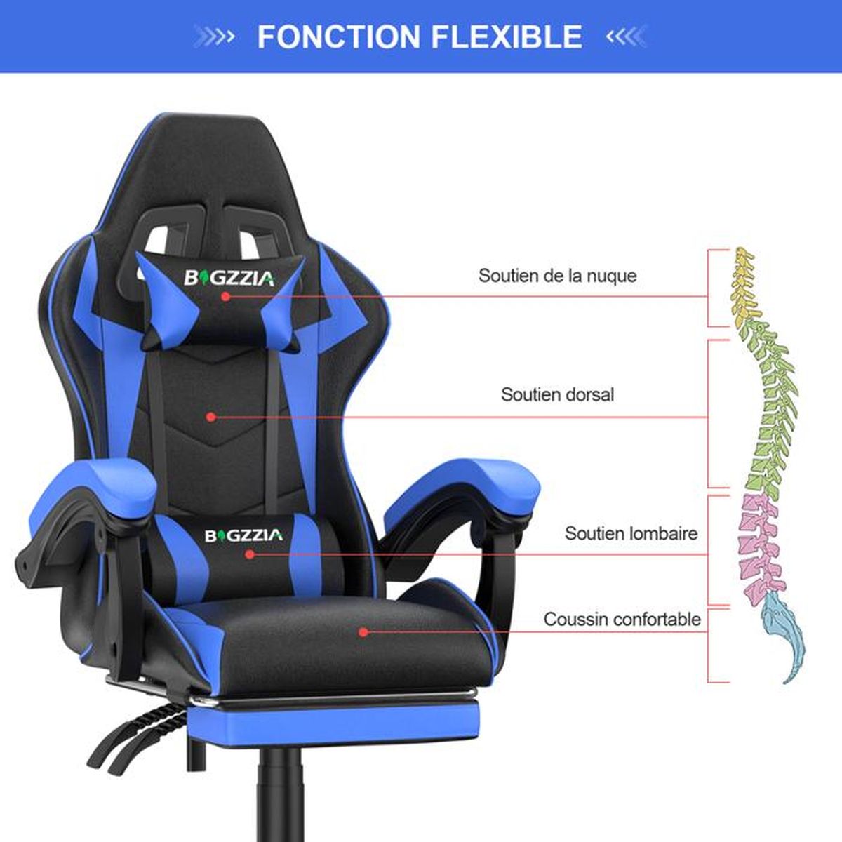 Chaise De Bureau Gaming Bigzzia Pivotante - Noir - Dimensions 53.5x53.5x127 Cm - Neuf En Boîte