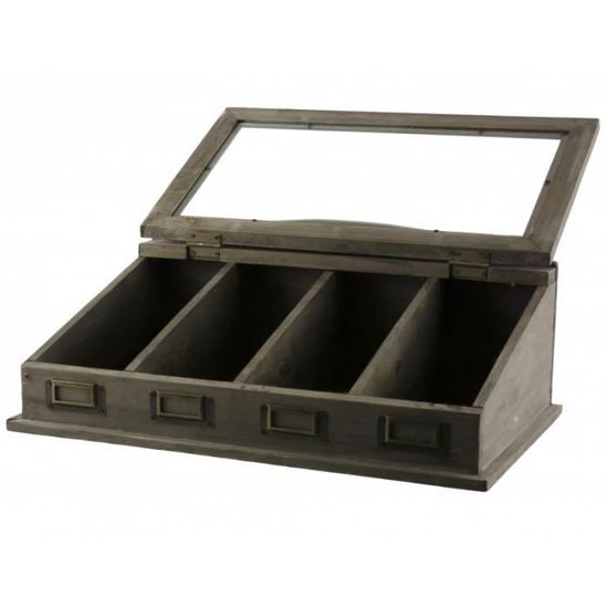 Organiseur à couverts vintage en bois avec couvercle ouvert à 4 compartiments